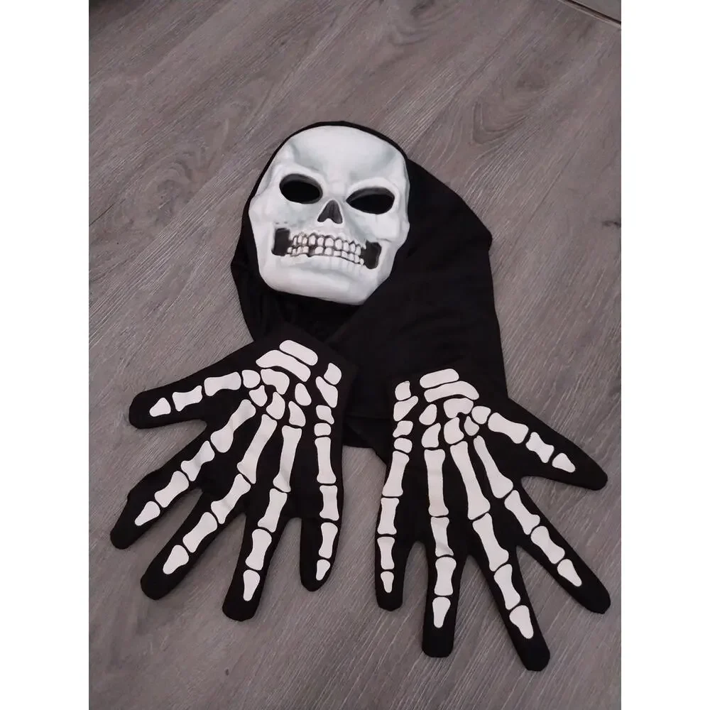 Latex Skeleton Halloween Mask with Black Hood and Skeleton Gloves Adult Costume